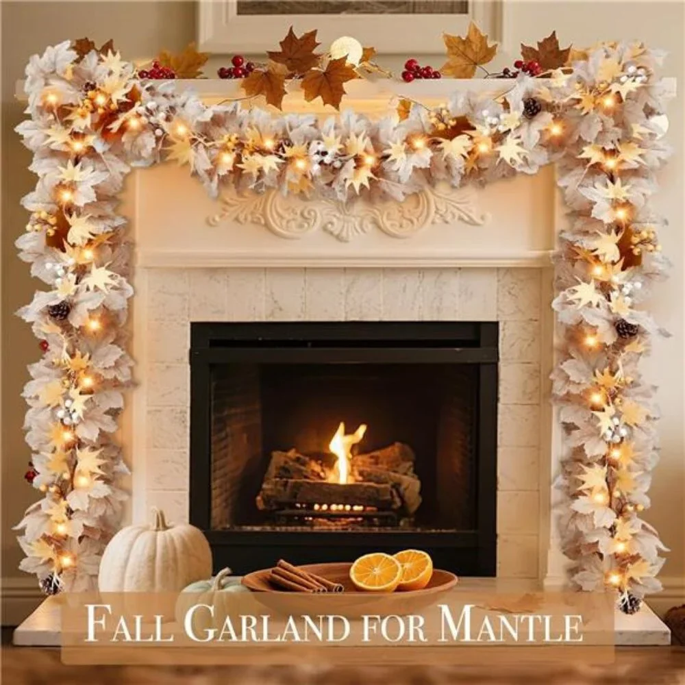 Timer - Fall Garland Fall Decorations for Home, 6Ft Pre-Lit Real Touch Maples